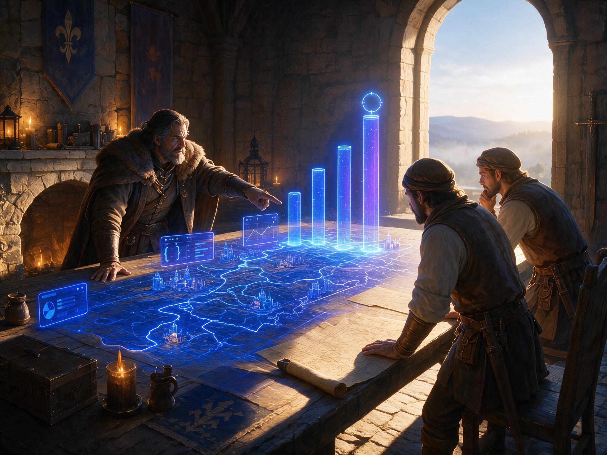 A planner and two builders around a map table at dawn, ranked columns of blue-violet light rising over the territories, morning hills through the arch behind them