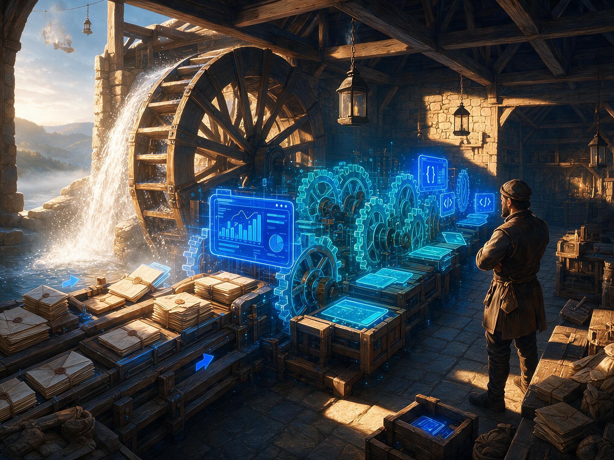 A water mill in early morning light, its wheel throwing sunlit spray, where glowing cyan clockwork turns stacks of sealed letters into sorted panels of light