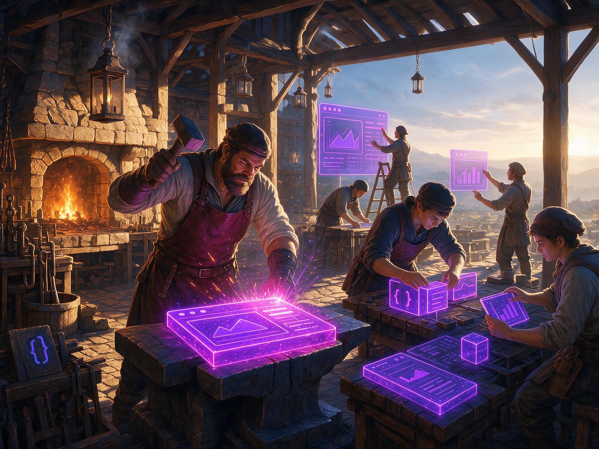 A smith at dawn hammering a glowing magenta pane of software on an anvil while apprentices assemble more, the forge lit behind him and open country beyond
