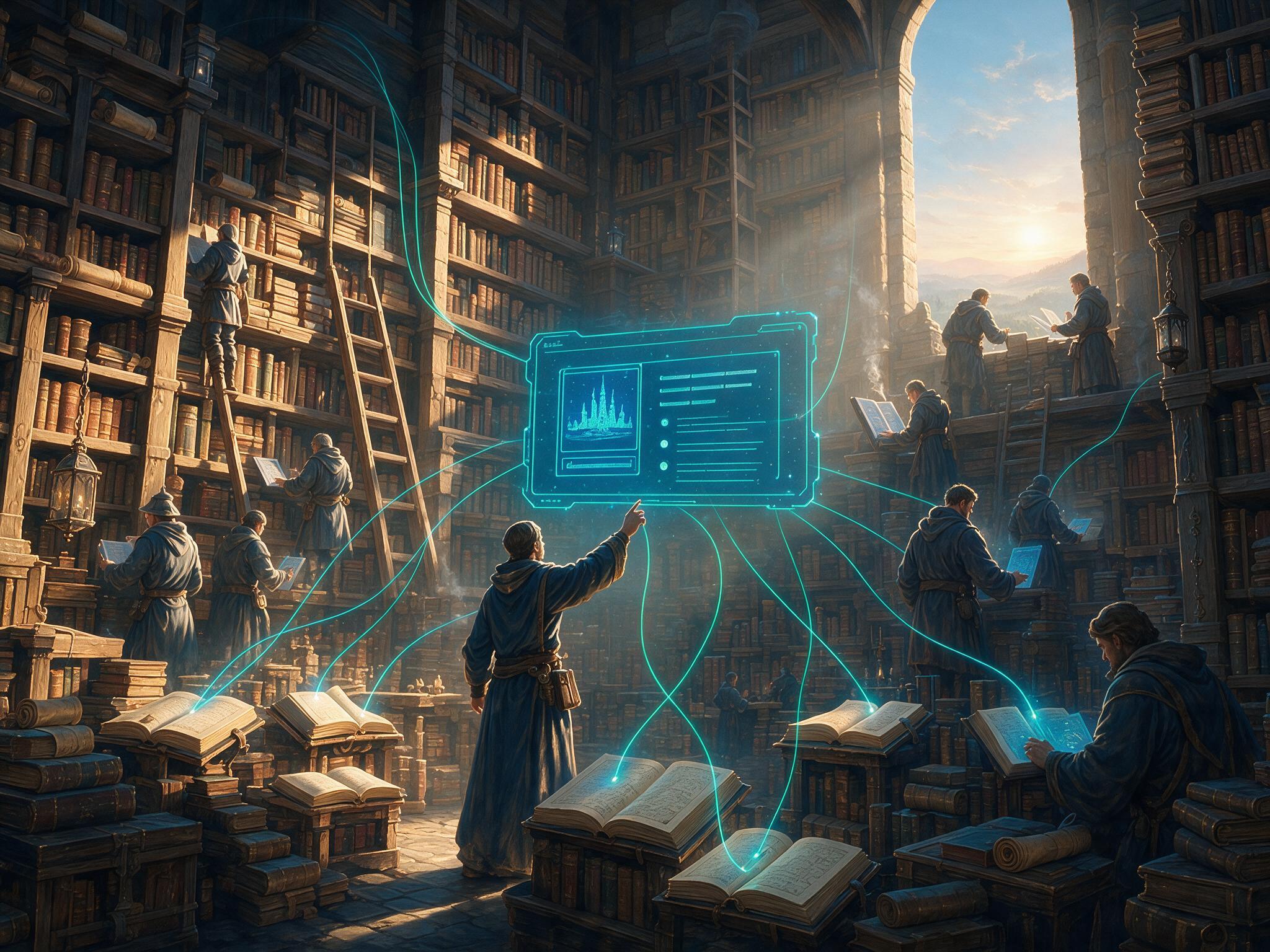 A sunlit archive of tall bookshelves where teal threads rise from open books and converge into a single cited answer