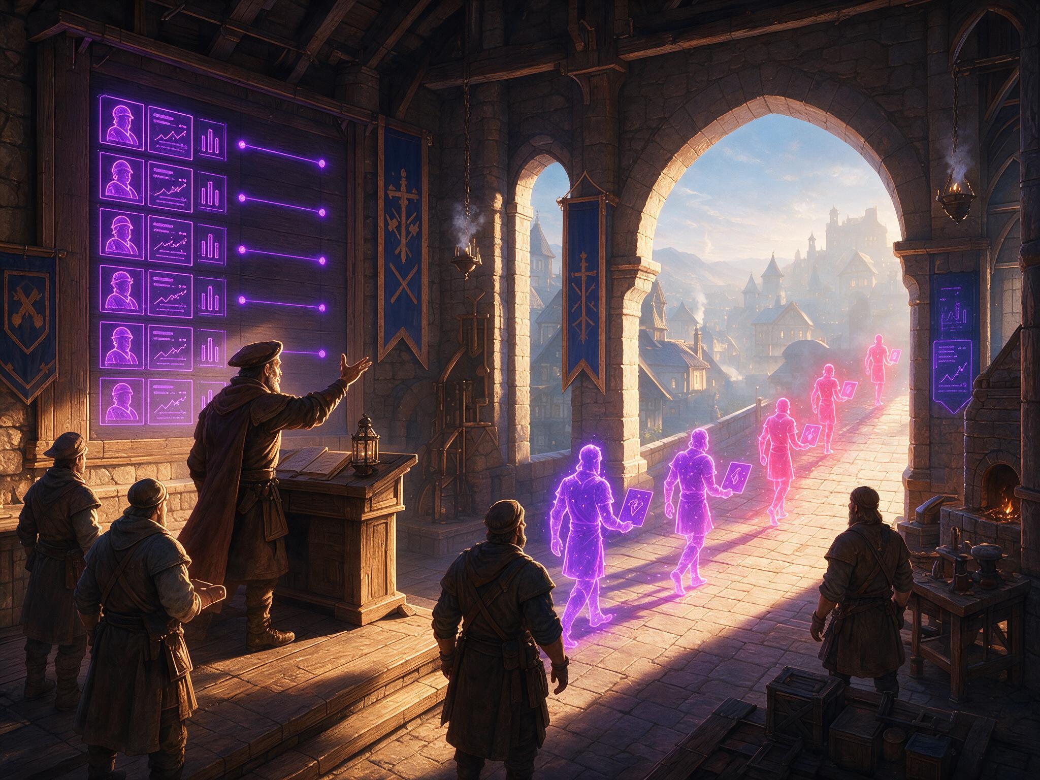 A master at a roster wall dispatching glowing figures out of a guild hall into a morning town, each carrying a task, their light warming from violet to rose as they go