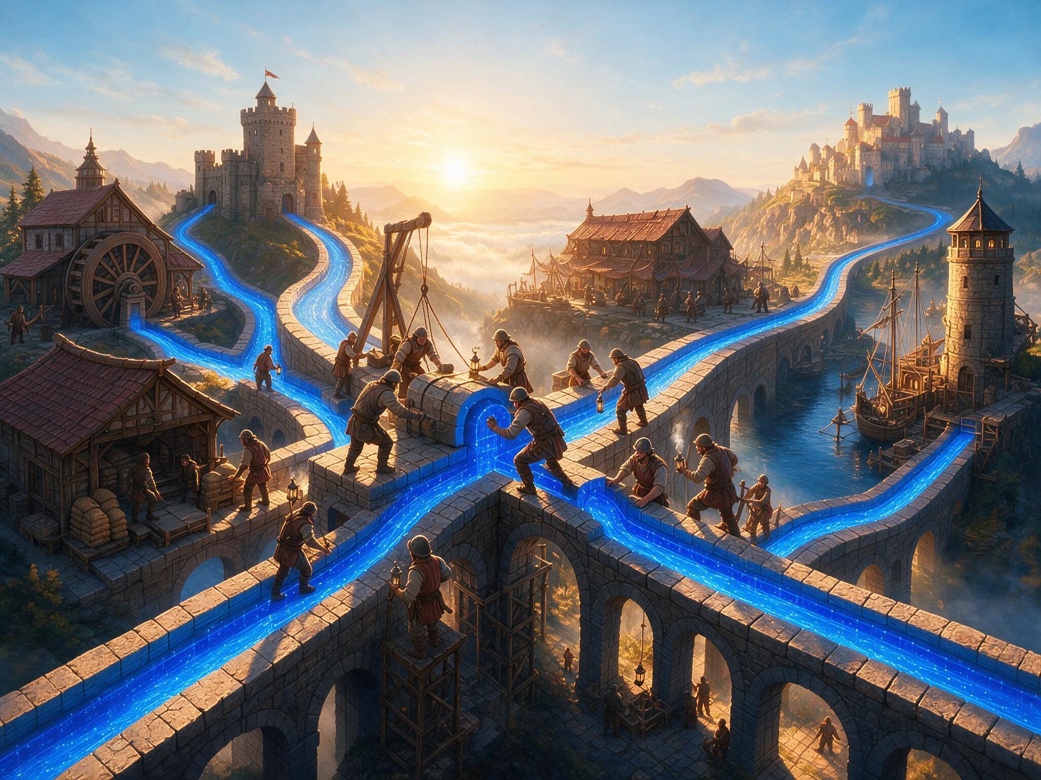 Builders on stone aqueducts at sunrise joining separate glowing channels of light into one conduit running toward a citadel catching the first light