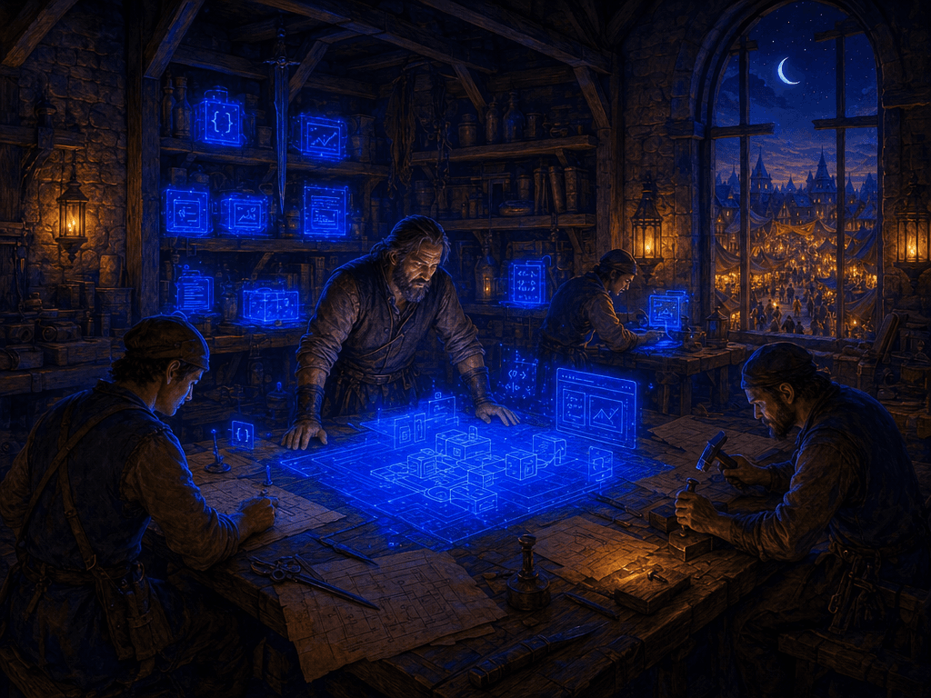 A master builder and his crew at night, working a glowing blue plan spread across a timber table, with a torch-lit market visible far off through the window