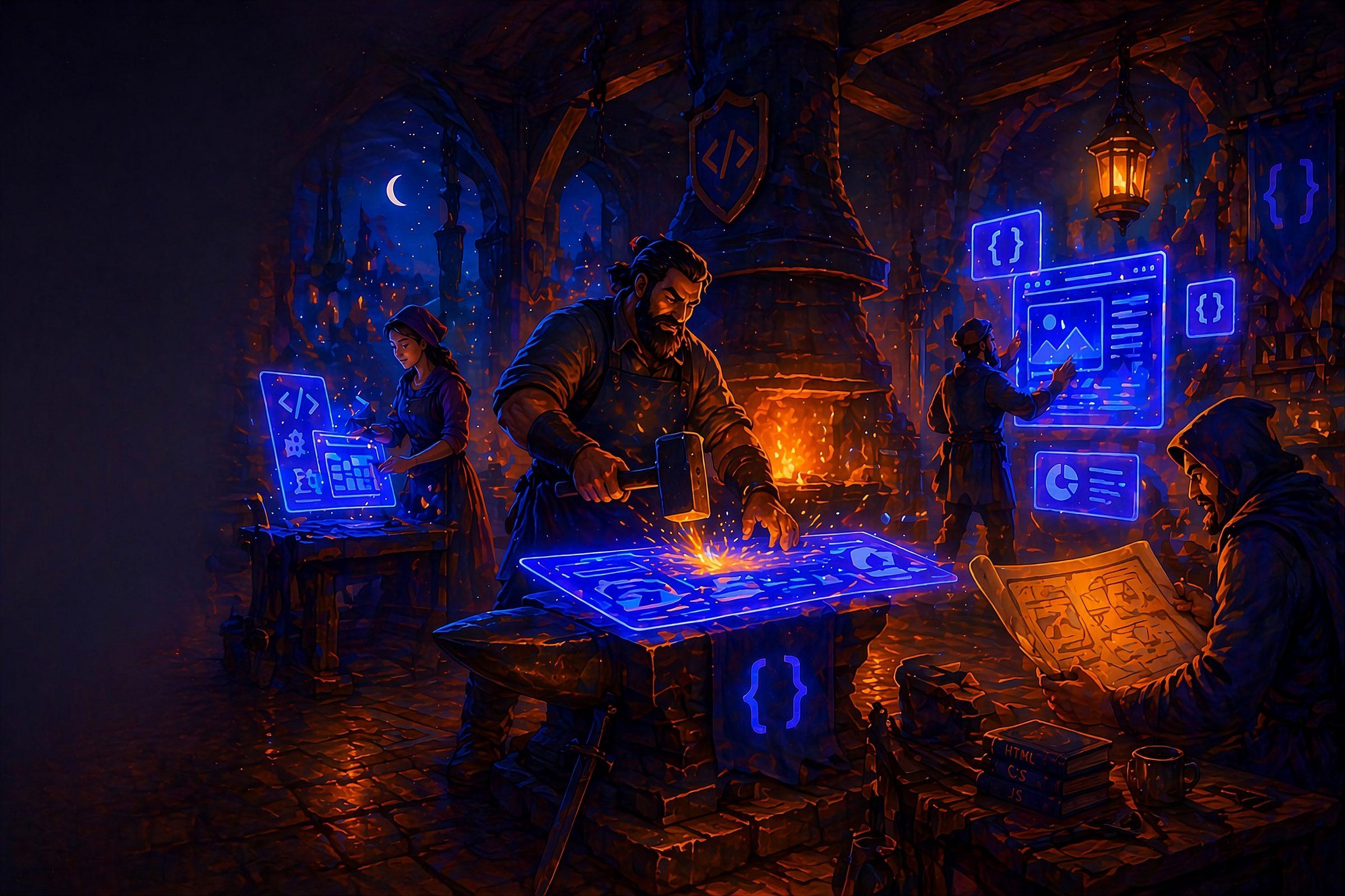 Smiths at an anvil hammering glowing panels of software into shape by firelight