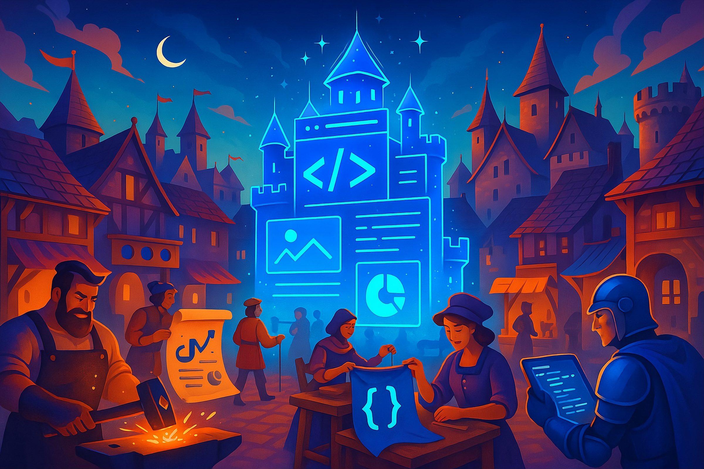 A night market in the kingdom: smiths, weavers, and a knight building one glowing castle of software together
