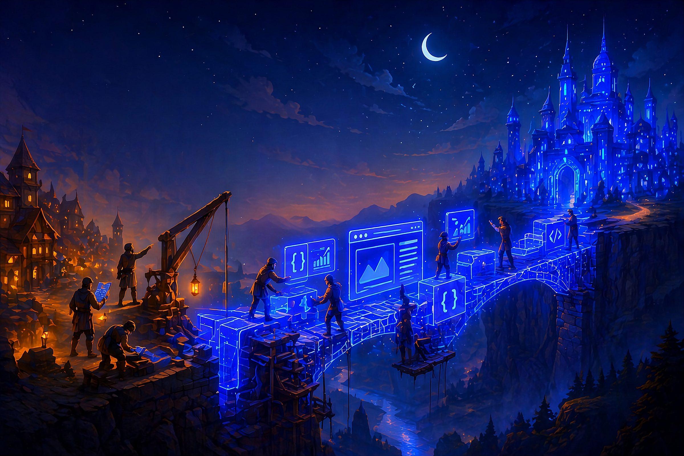 Builders assembling a glowing bridge of software modules toward a luminous city